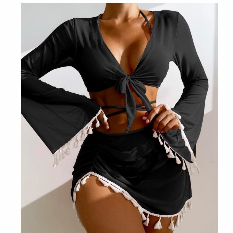 Wholesale Solid Color Tassel Blouse Mesh Skirt Four-piece Swimsuit